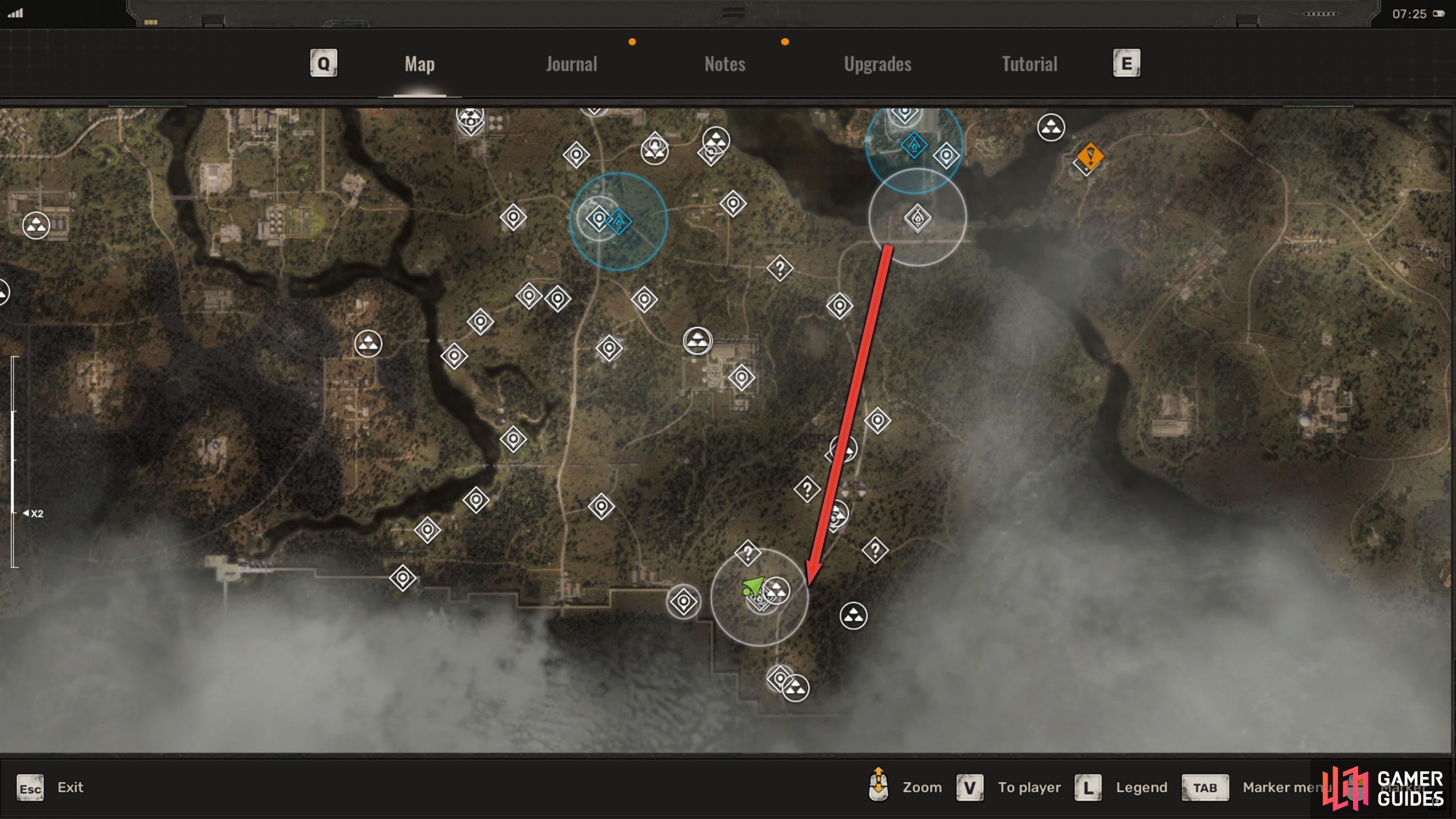 Follow the path south from the camp while avoiding the numerous anomalies along the way.