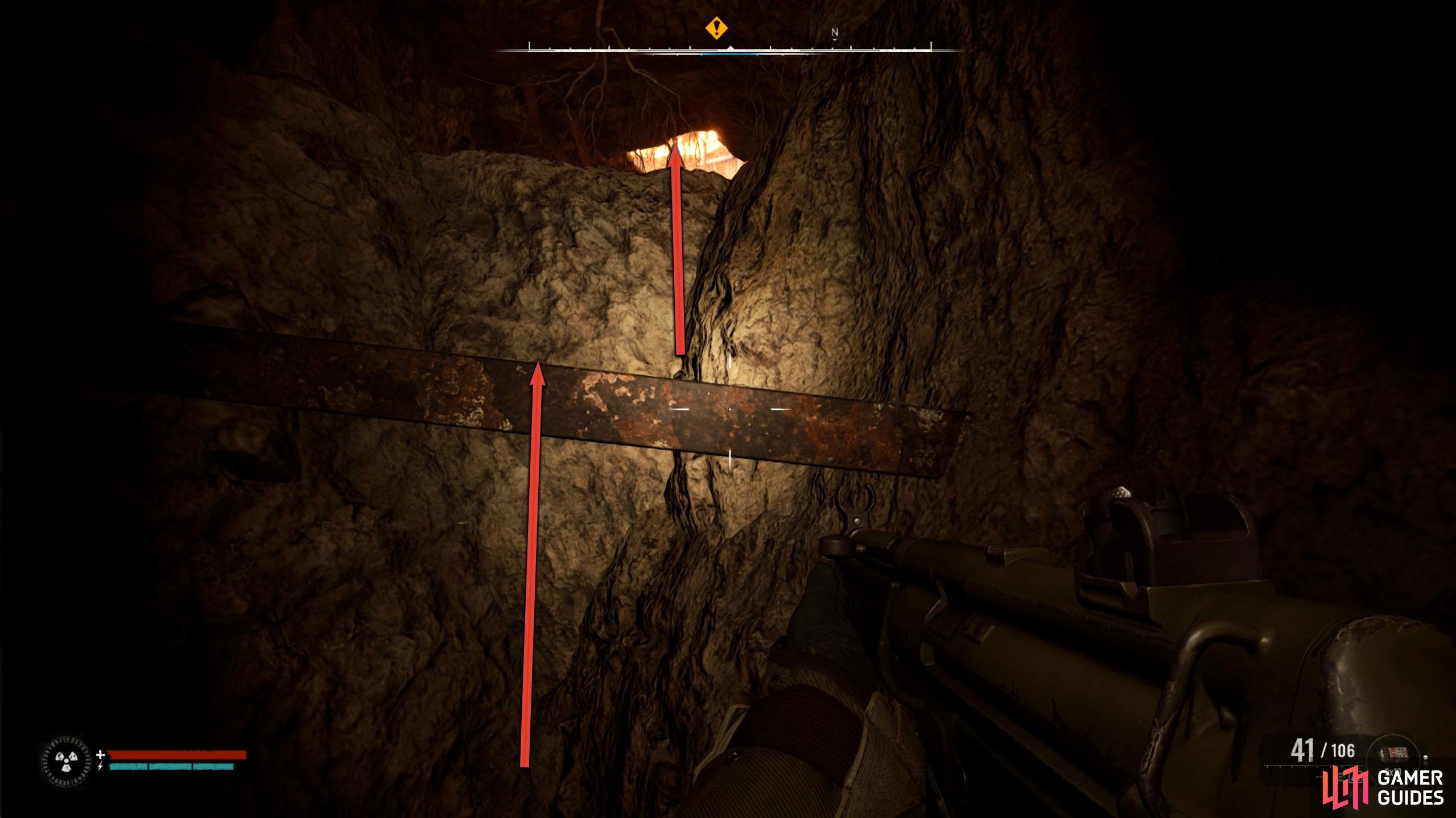 Now, stand up, jump onto the metal platform, and up to the higher platform.