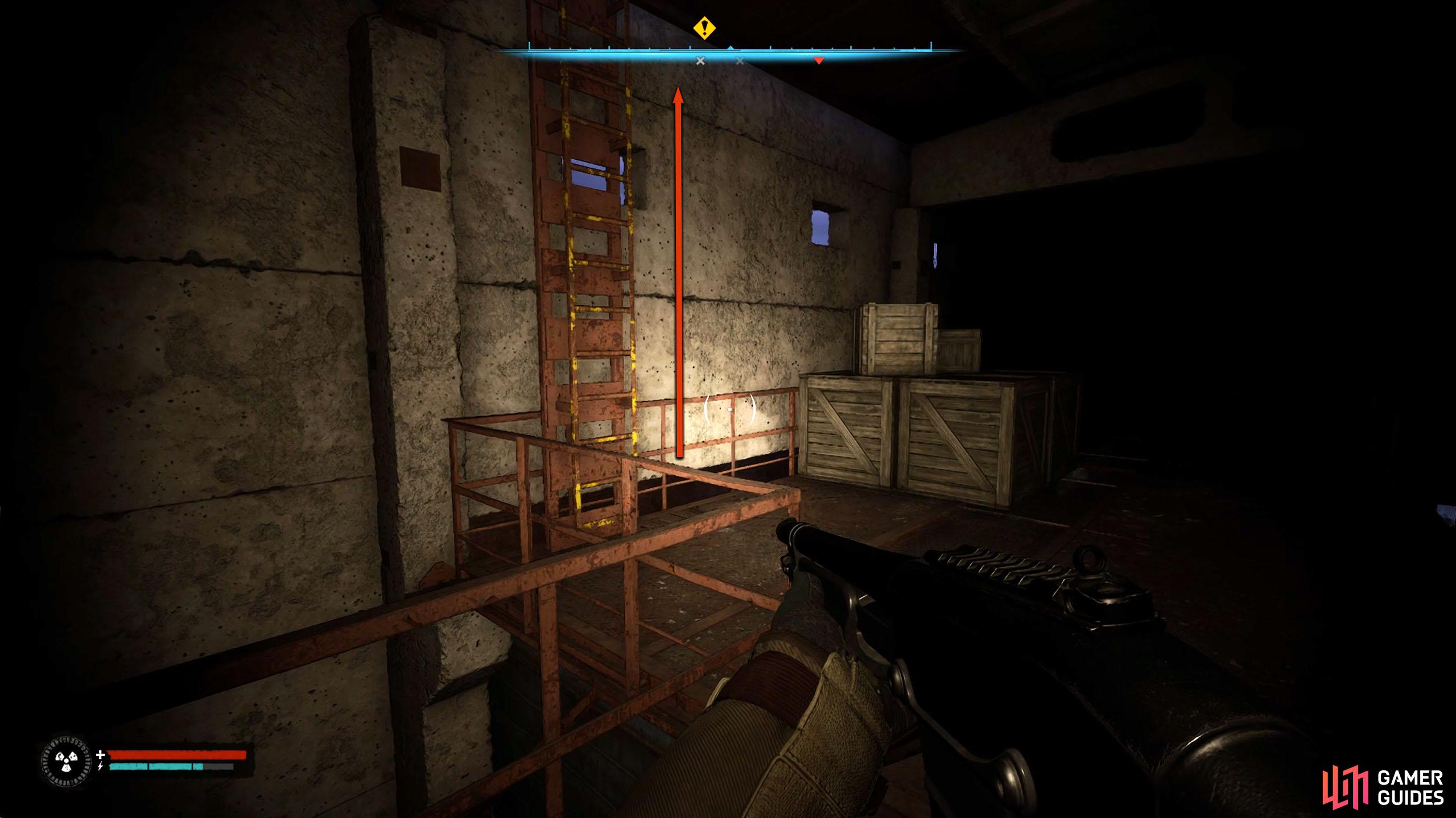 At the top, you’ll find a ladder leading to the roof.