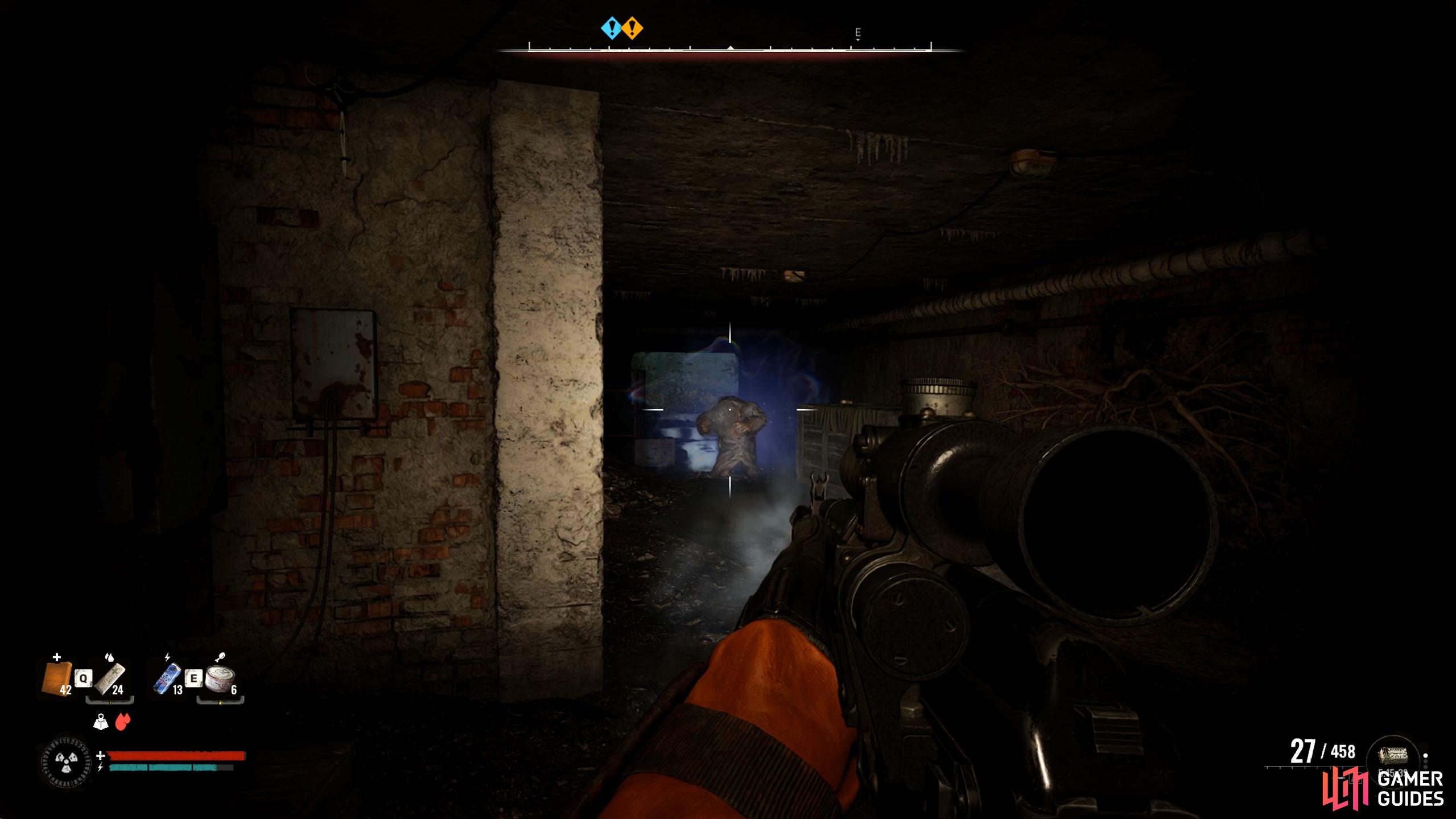  At the bottom, you’ll fight the PSI Mutant, which can deflect your bullets with it’s shield.