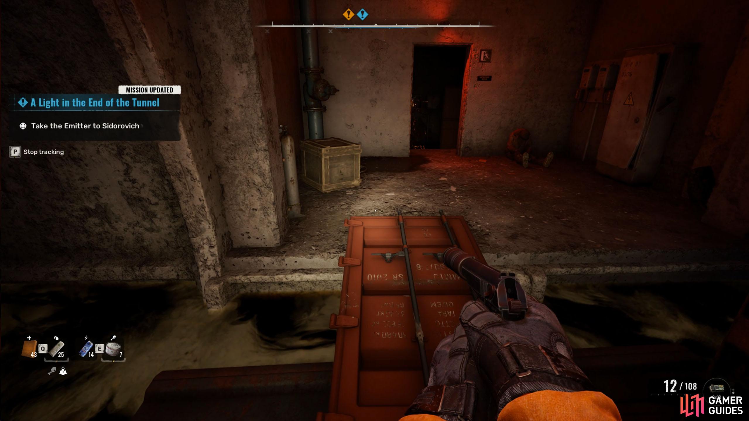 Go through the door around the corner of the emitter, and follow the tunnel while taking the ladders down.