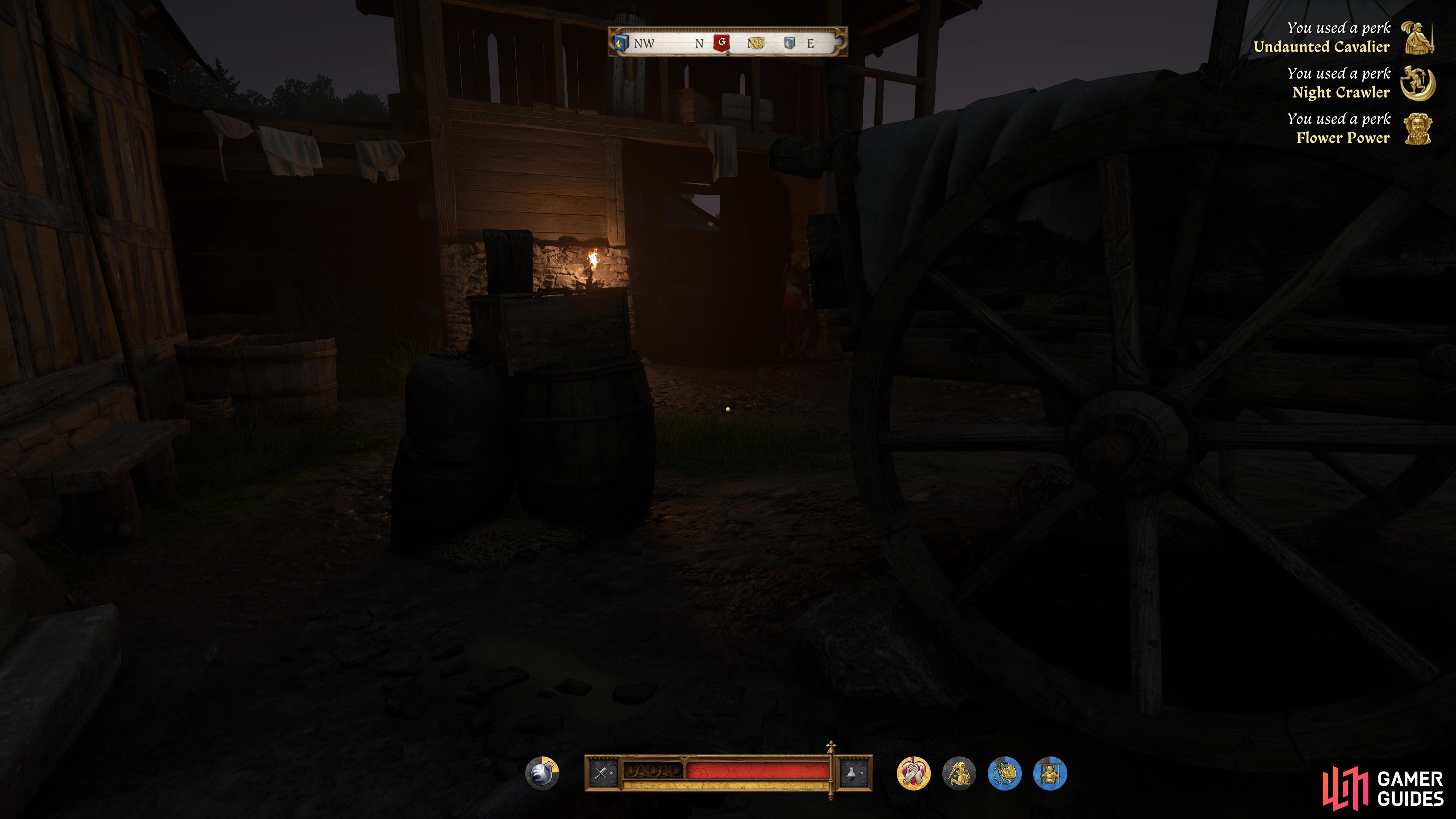 Stay crouched behind this wagon and toss a rock at the wall to the left of the gate to lure that guard away.