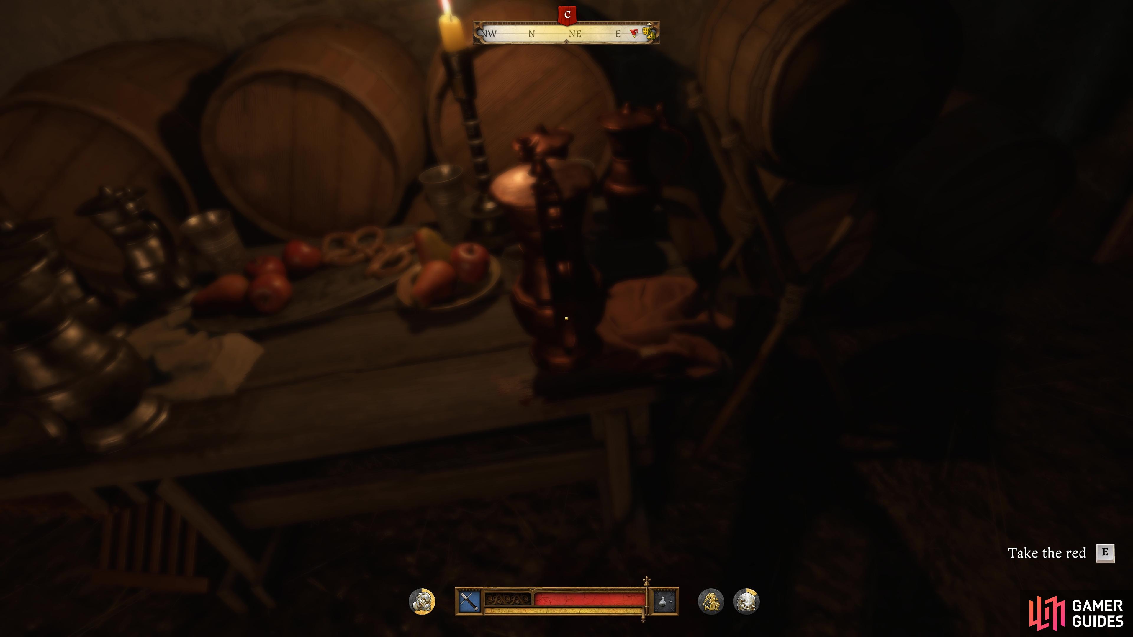 Then pick up the jug of wine off the table at the back of the room.