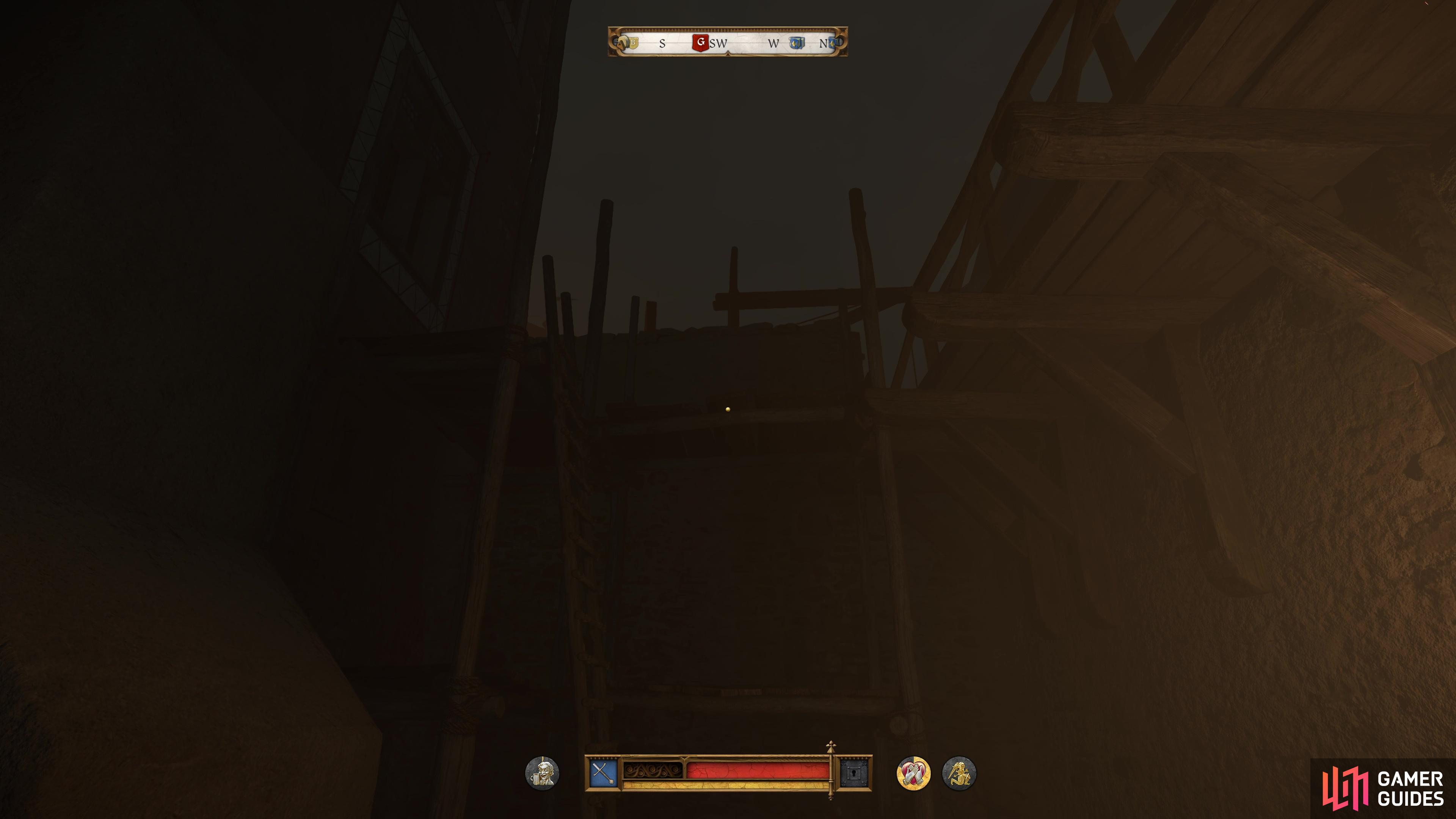 Climb the ladder at the back here.
