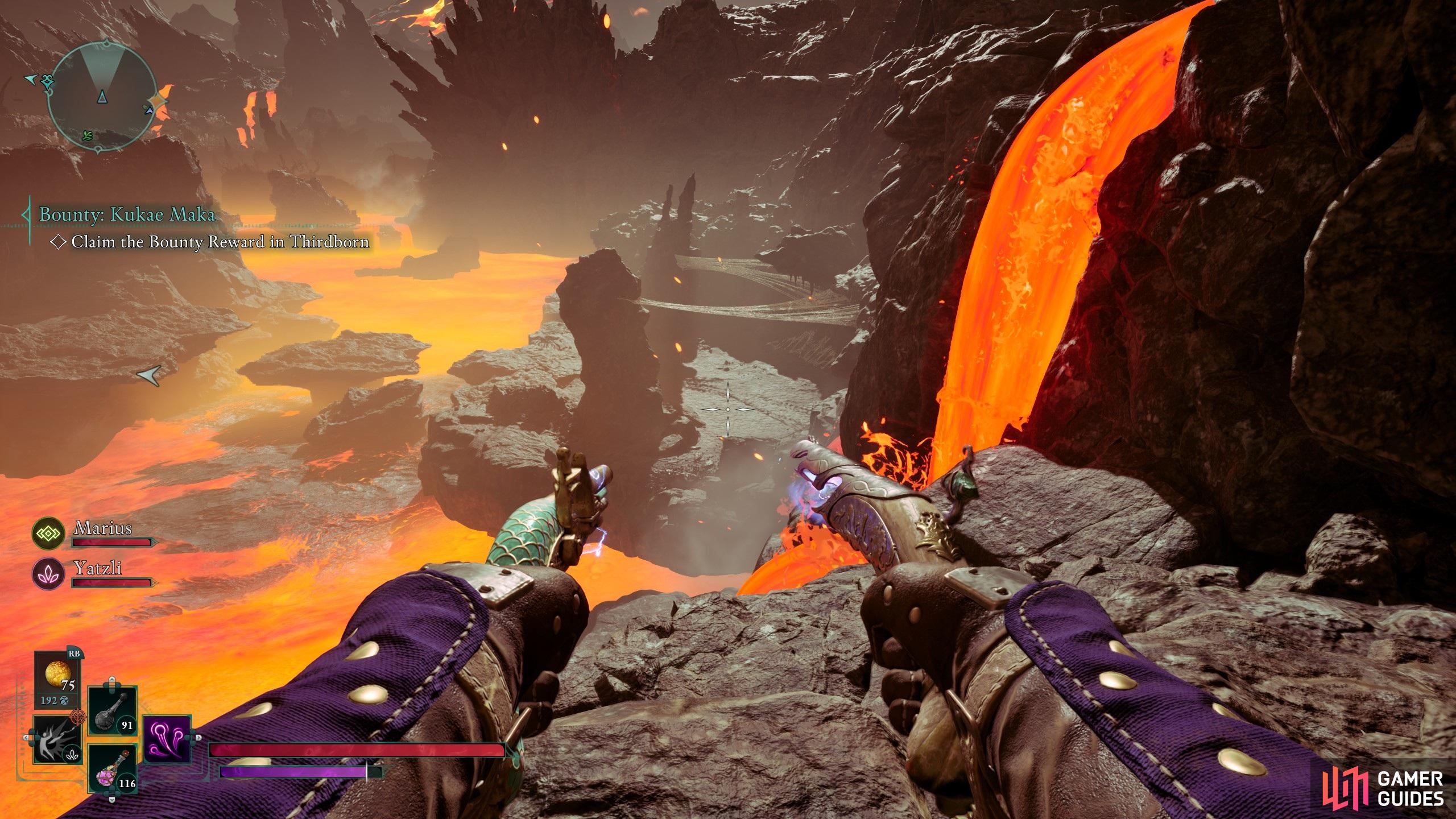 Cross the river of lava and defeat the spiders.