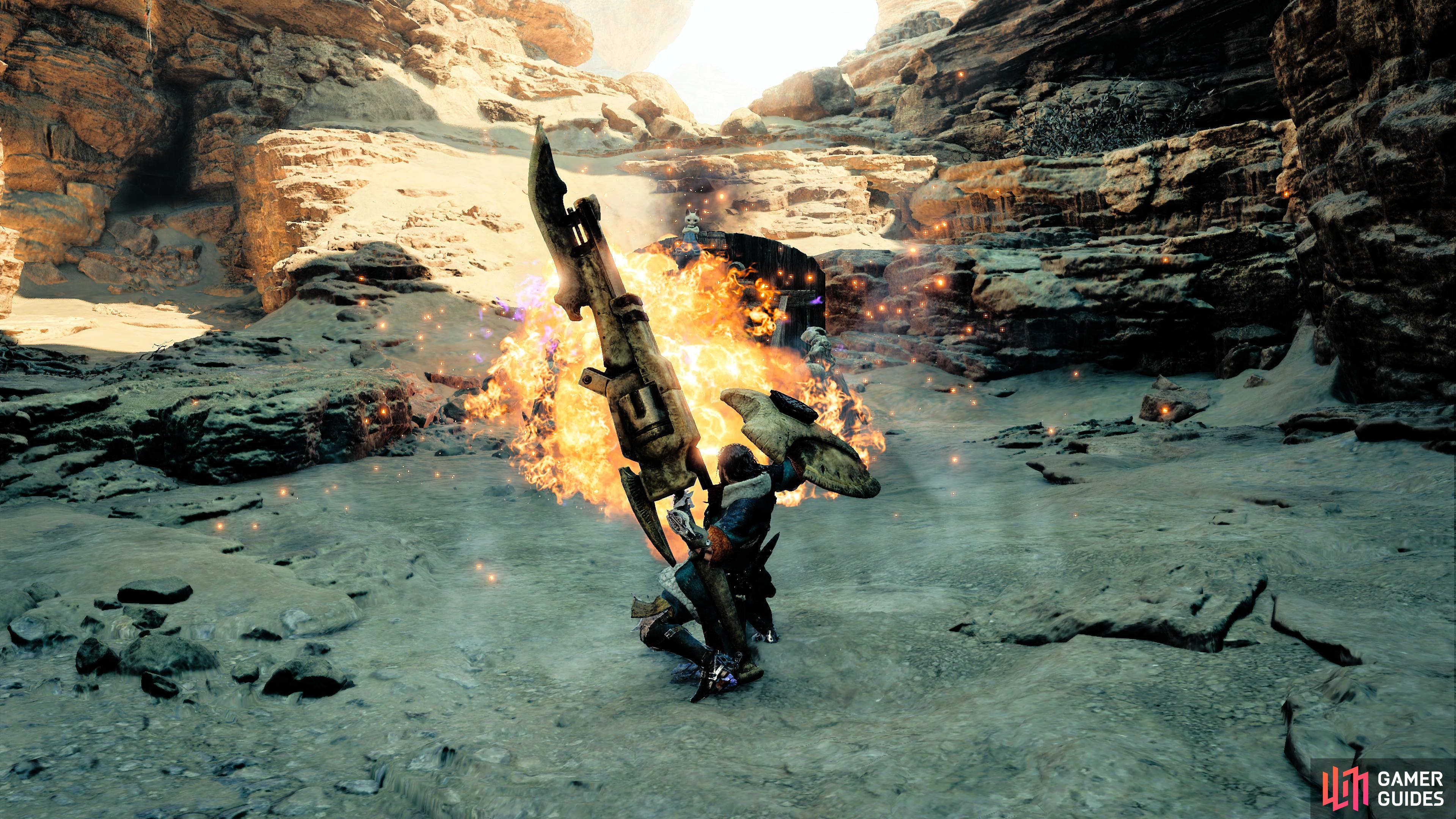 The Gunlance consists of a shield and lance, while also being capable of using explosive ammunition.