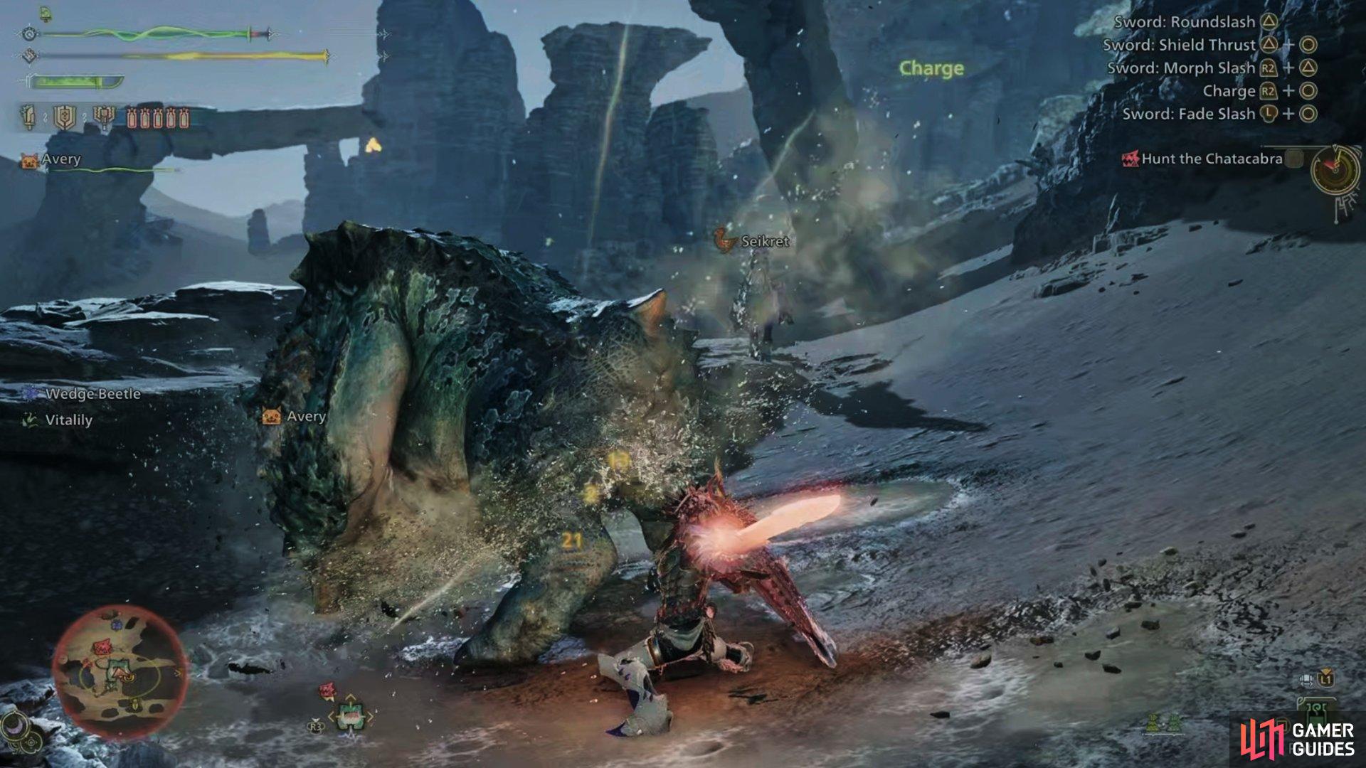 Most attacks can be avoided by keeping to its side or rear. Your Palico will often distract it too.