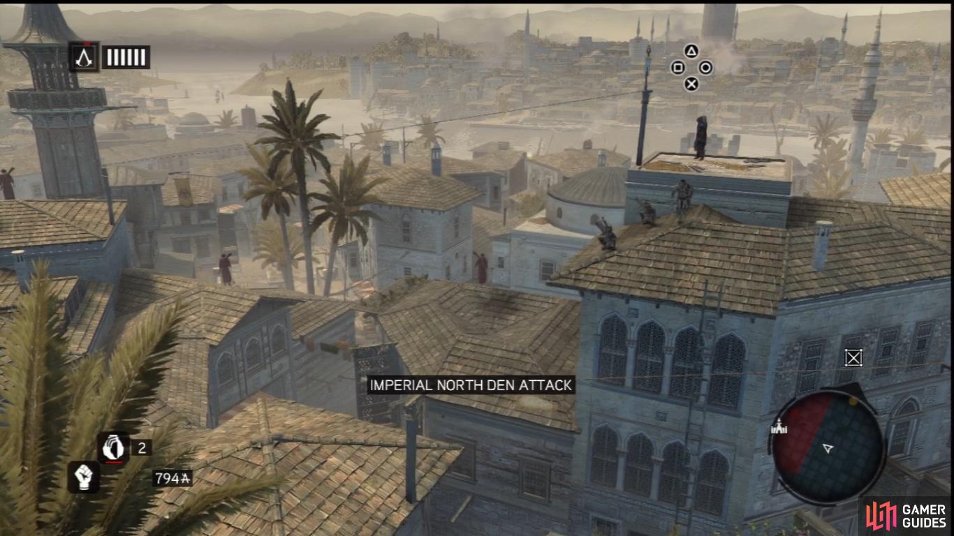As you can see, the ziplines provide another angle of attack for the Assassins of Constantinople. By controlling your movement via the profile system (as in high and low profile), you can slow yourself down to make it past patrolling rooftop Templars undetected, then press the R1/R button to speed up and leap from the zipline into a graceful Zipline Assassination.  Some of the ziplines dotted around areas of Constantinople also have Animus Data Fragments on them, so be sure to keep an eye out and use Eagle Sense to tag them for collection later if you don’t feel like grabbing them right away.