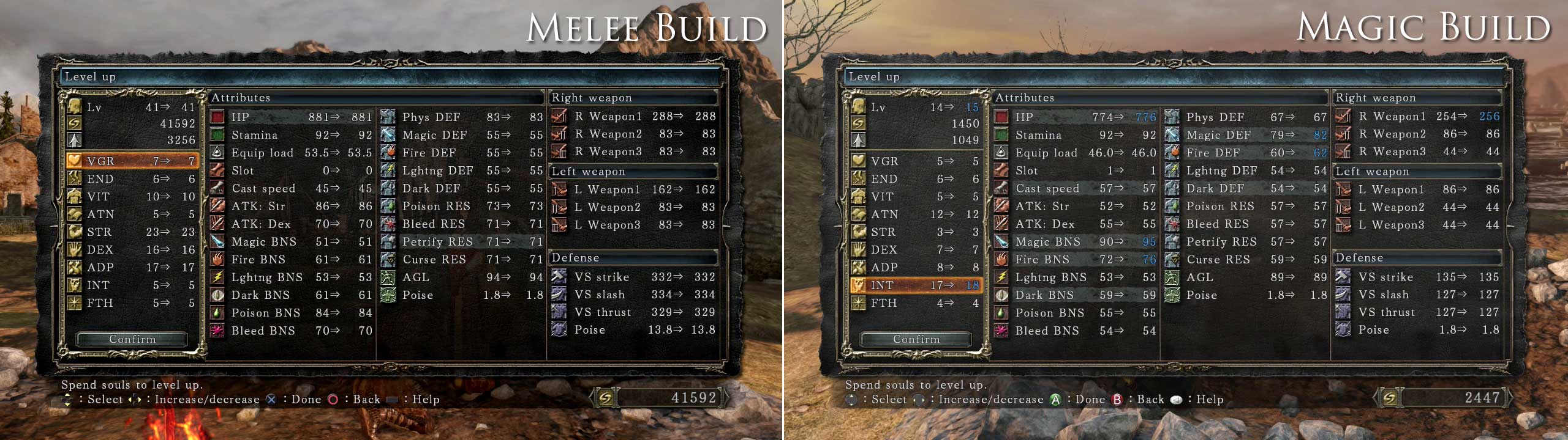 An example of a Melee-focused build’s stats versus those of a Magic-focused character.