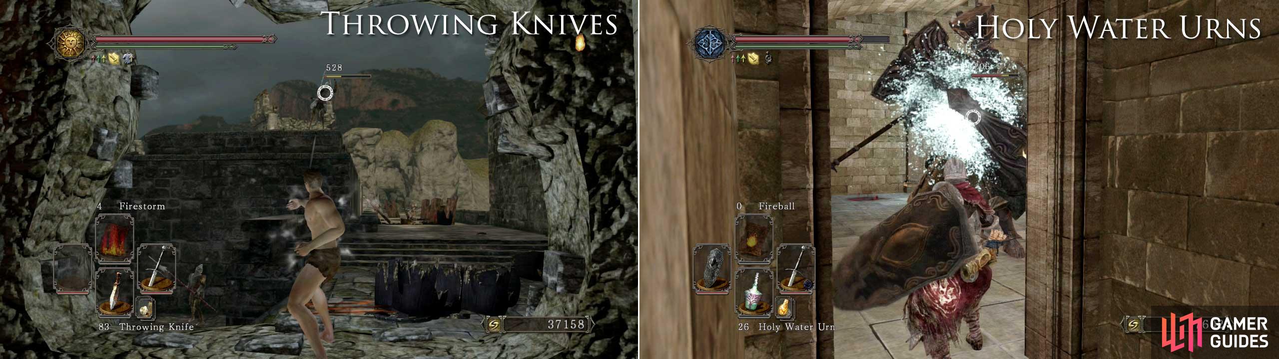 Throwing Knives are great for long corridors; whilst Holy Water doesn’t go as far but hits harder.