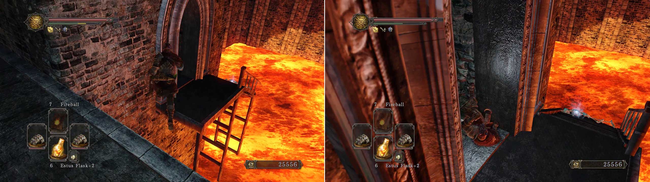 Now go back a bit and look for a metal walkway with an item on it. Aim your jump so you go for the door and you should stop before falling in to the lava.