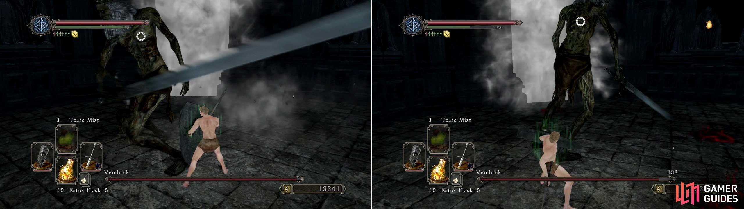 Using a massive Greatshield with loads of poise can prevent a one-hit kill; but you’ll suffer a massive loss in stamina with none left to dodge with if he attacks a second time.