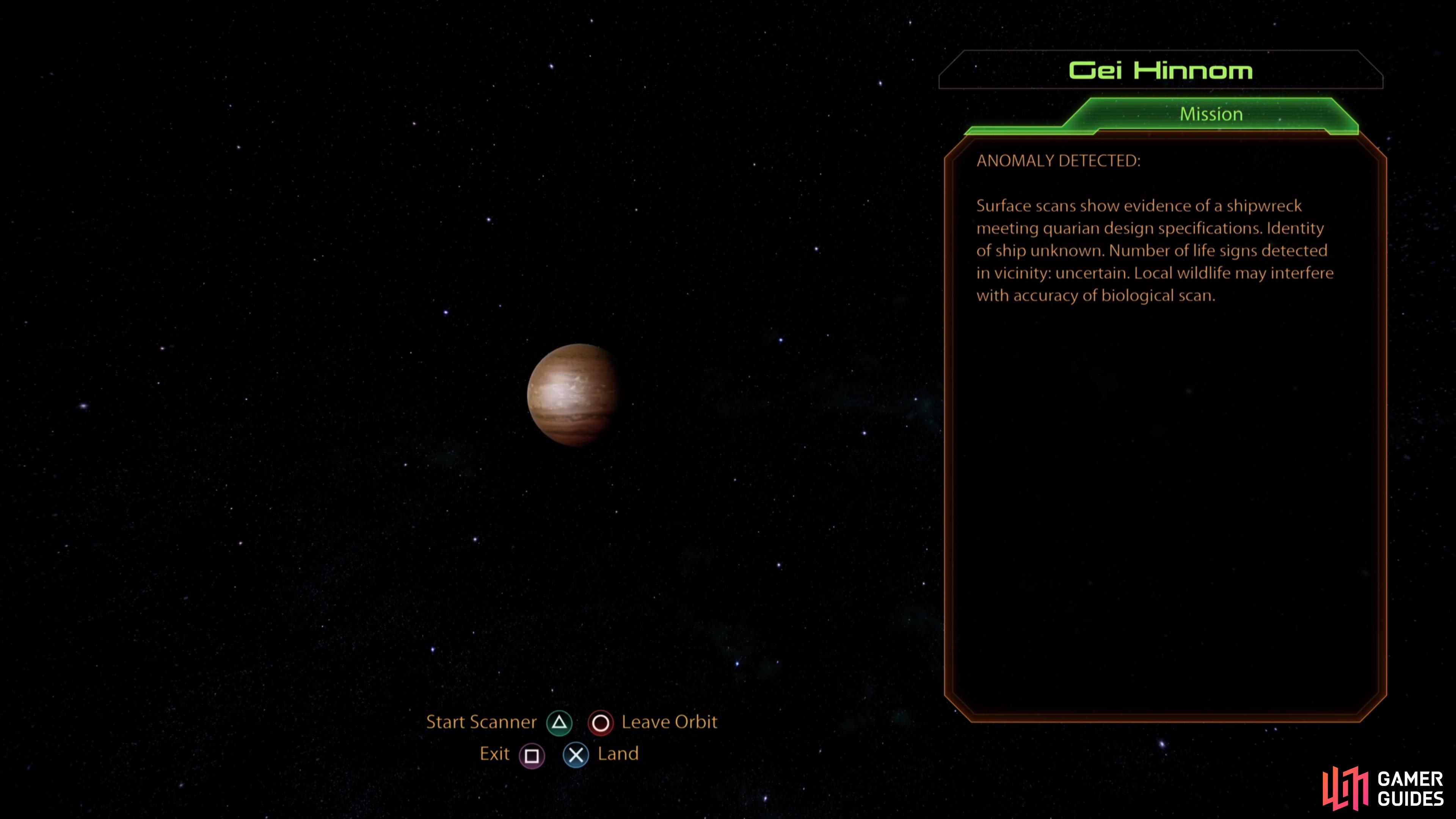 Scan the planet Gei Hinnom to start the assignment “N7: Quarian Crash Site”.