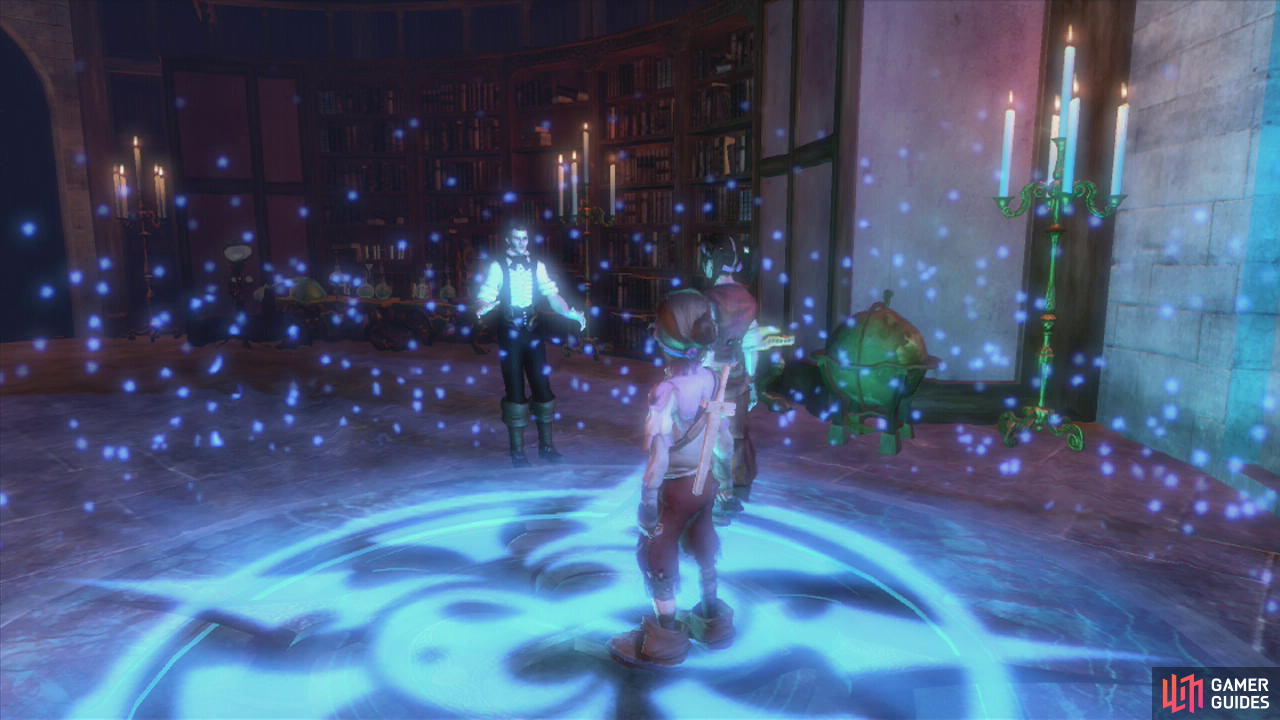 Stand in the glowing circle for a scene to end the prologue.