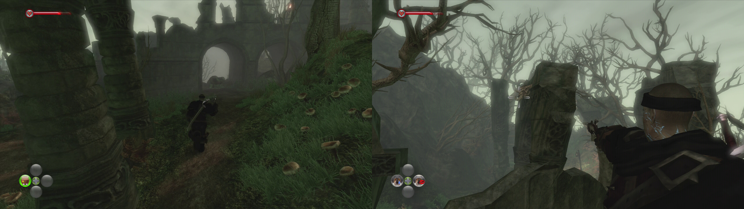 Grab the chest from below the archway (left) and then climbb the stairs and look back to spot a gargoyle (right).