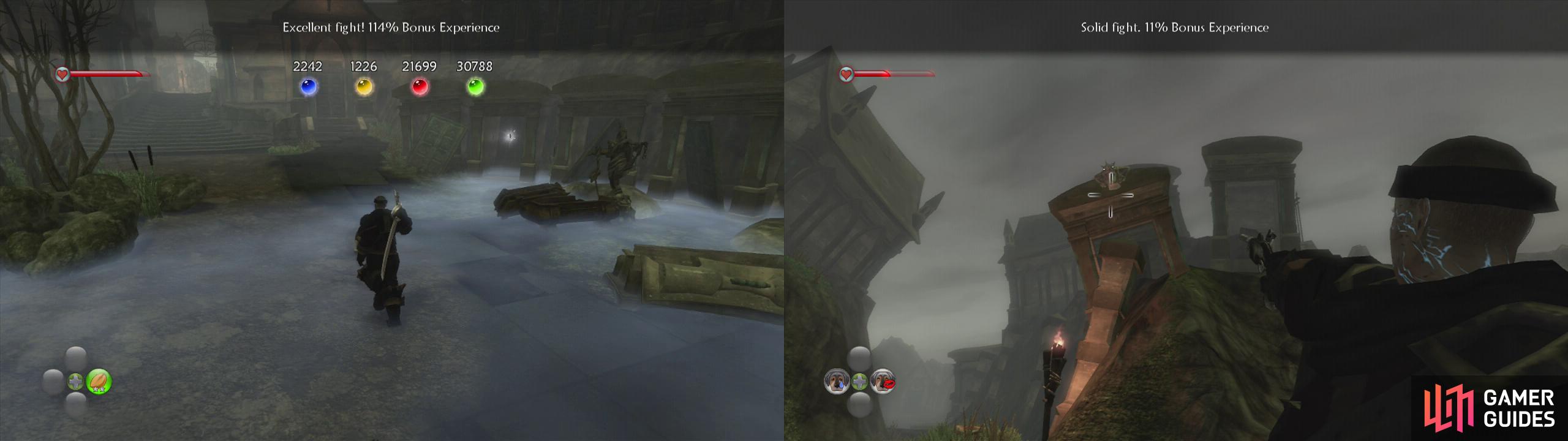 Look out for the silver key in the open tomb following the fight with the elder hollow man (left). Upon exiting the area, look back and shoot the gargoyle (right).