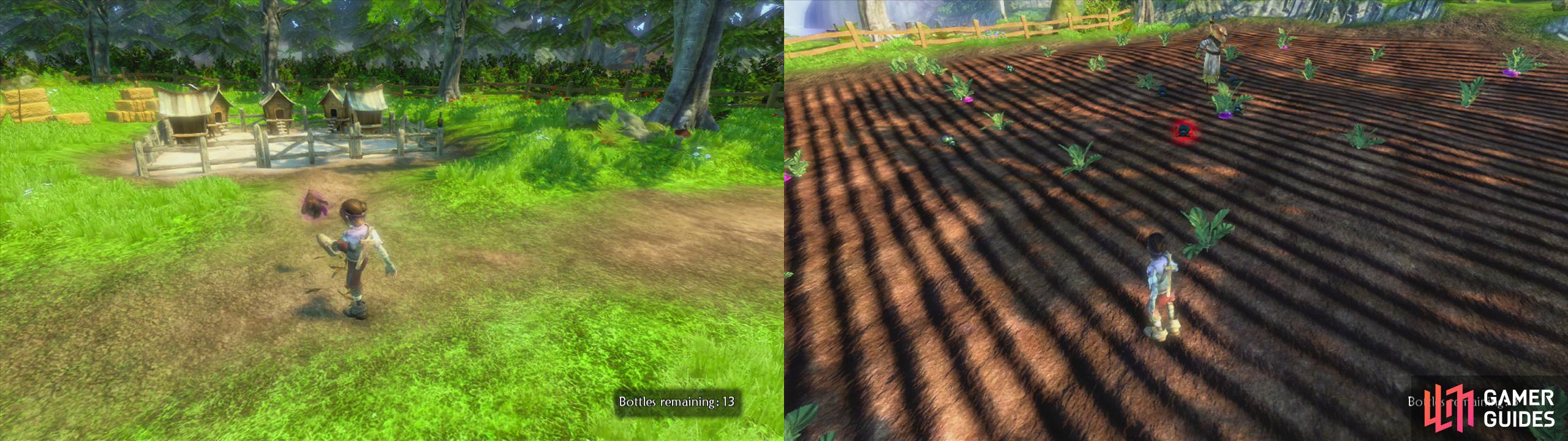 Don’t forget to kick the chickens into the pen (left) and kill the beetles in the field (right).