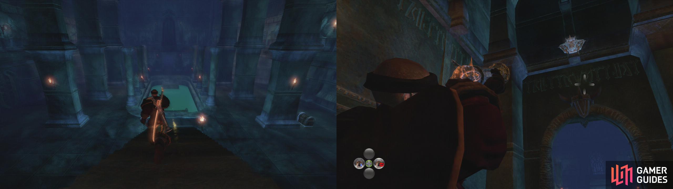 After the pool room (left) enter the next hallway and then turn around to see a gargoyle (right).