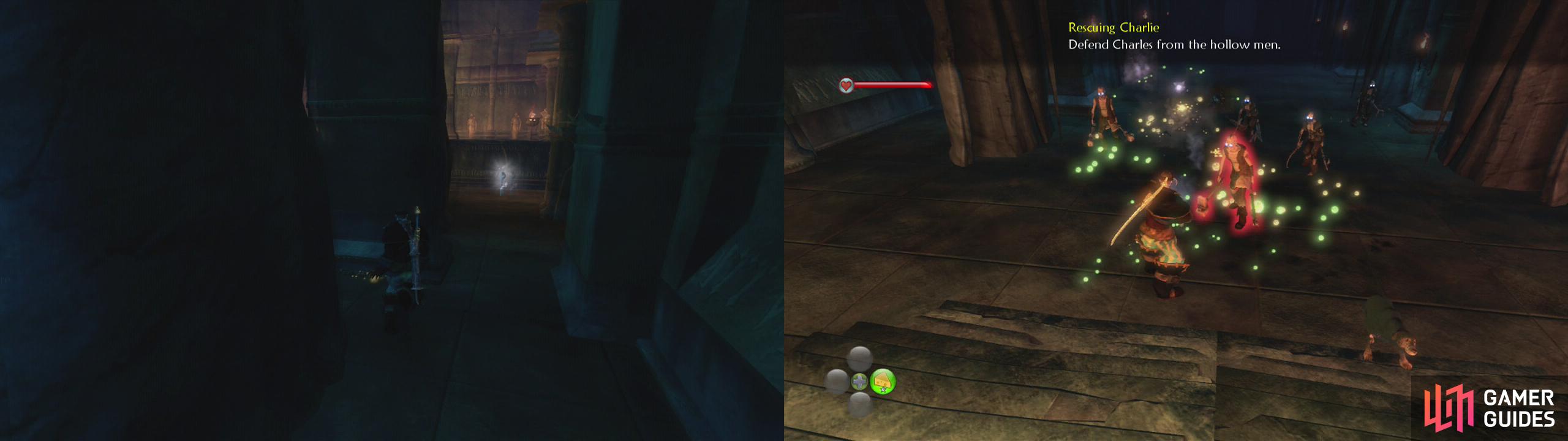 Find the silver key in the main room (left) and then defend Charlie as he attempts to open the chest on the raised platfrom (right).