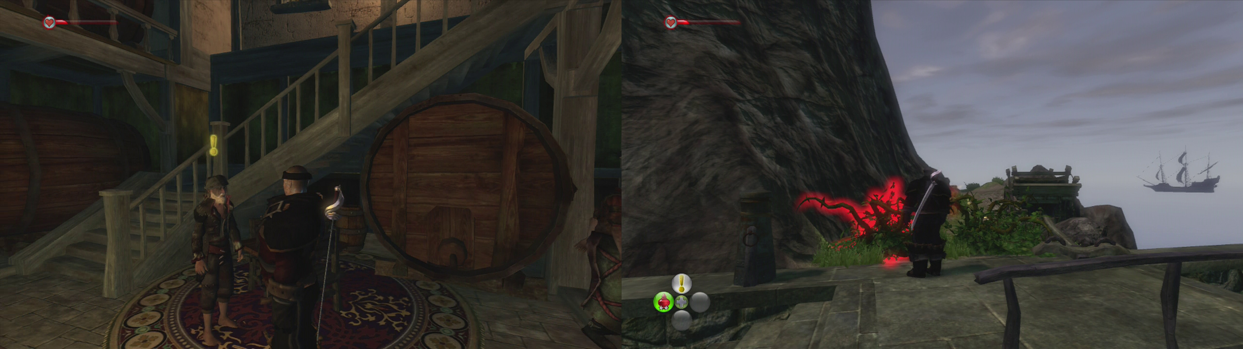 Pick up the quest in the inn (left) then find the shrubs along the waterfront leading to the cave (right).