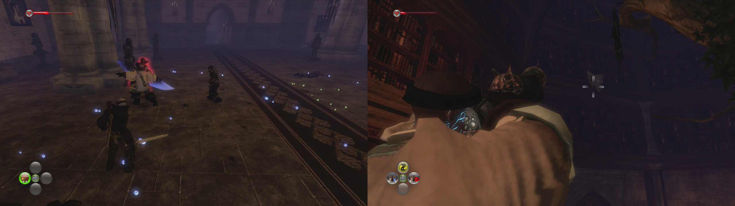 Clear the bandits out of the throne room and the library. When the library is clear, shoot the gargoyle (right).