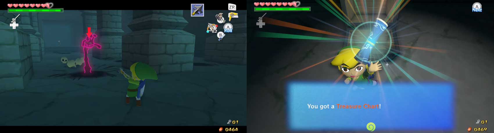 If you want a Treasure Chart (#12), defeat all of the Floormasters and open the chest that appears. Whether you do that or not, go back to the previous room after getting the small key. You can still leave Medli while going through the east door.