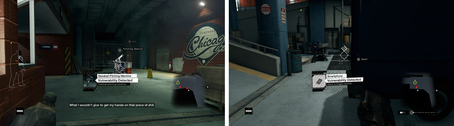 Distract the enemies with environmental objects such as the pitching machine (left) and cell phone (right).