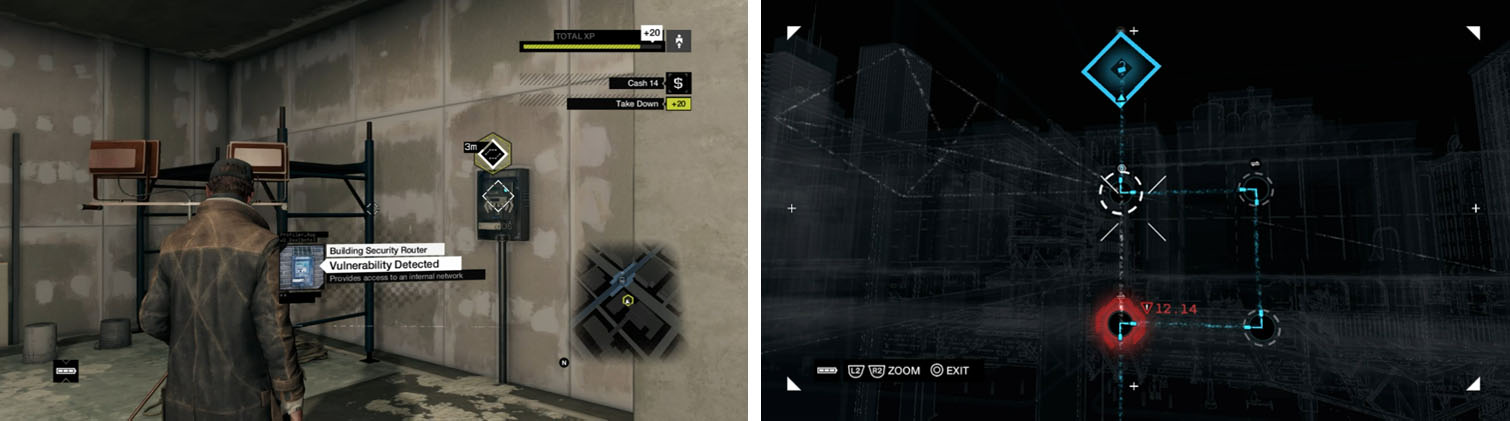 Access the ctOS panel (left) and solve the hotspot puzzles (right) to enter the server room.