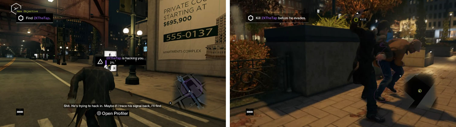 Head to the purple search zone (left) to identify the hacker and then chase him down (right).