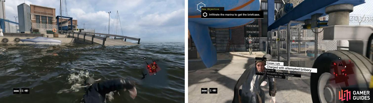 Swim to the marina ramp (left) and follow it up to take out the guard (right) and grab the briefcase.