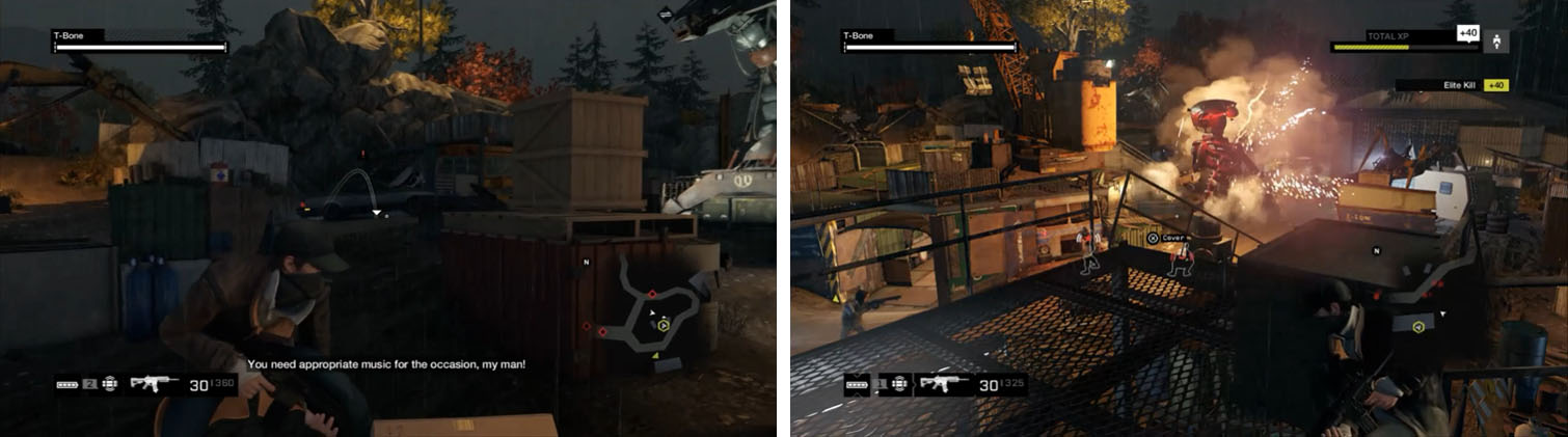 Throw Proximity IEDs down to stop the incoming cars (right) and take out as many enemies as you can with traps (right).