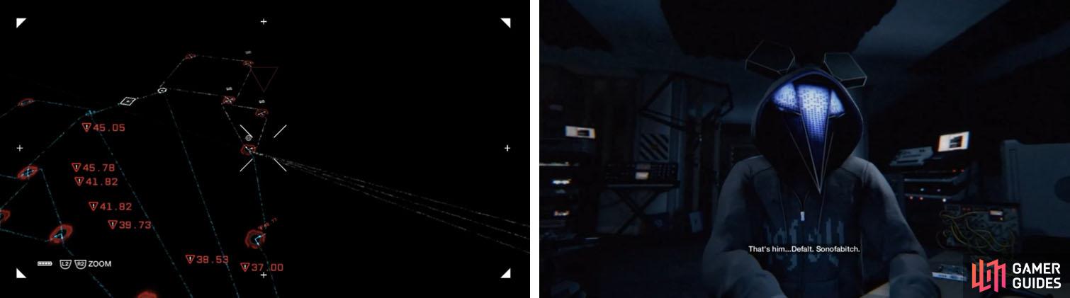 Trace the source back (left) and find out who is hacking into The Bunker (right).