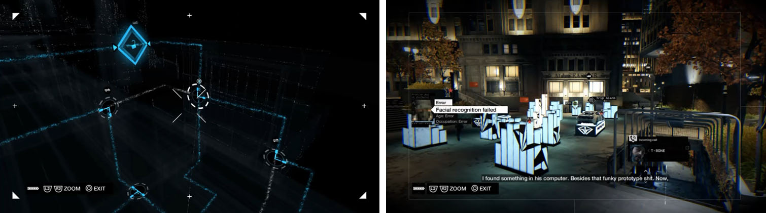 Hack into Defalt’s apartment (left) and then help Kenney escape the Fixers (right).