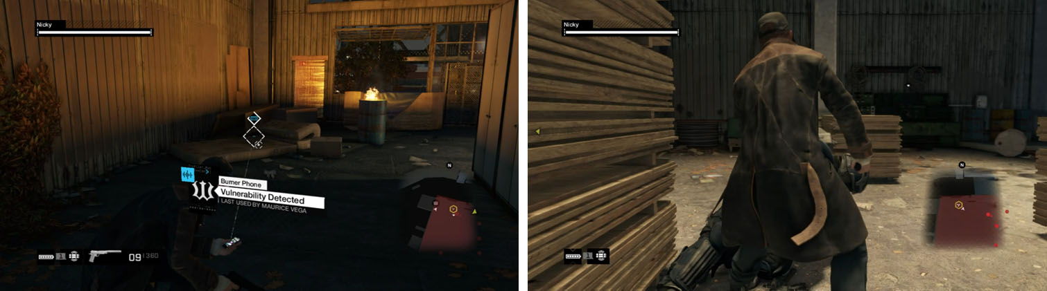Get the Maurice Vega 06 audio log upstairs (left) and then sneak up on the Enforcer guarding Nicky (right).