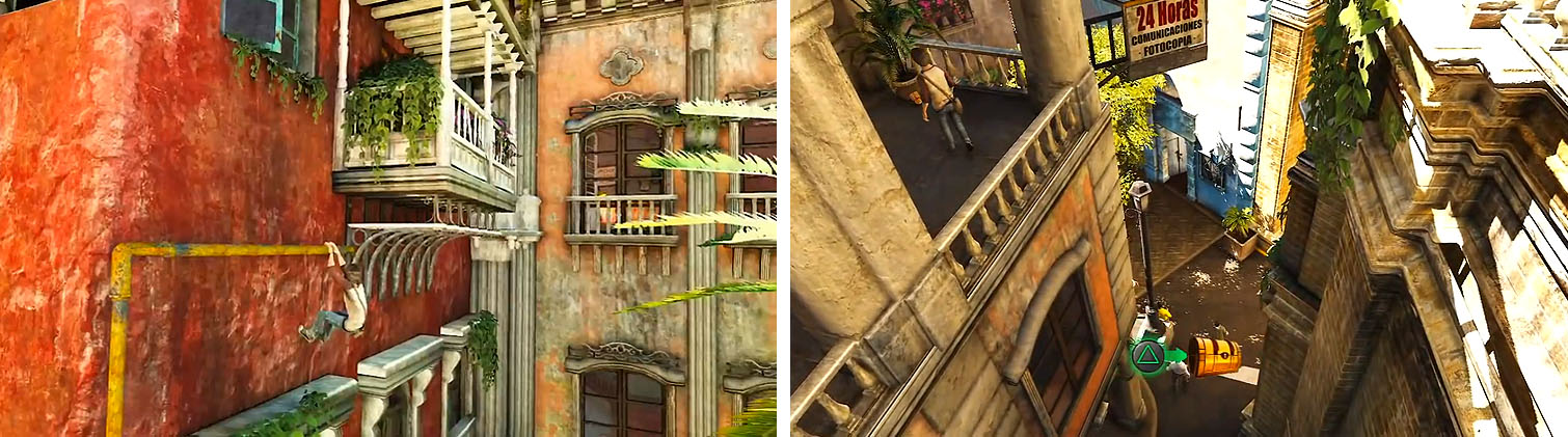 Climb the locksmiths building (left) and grab the treasure on the first balcony (right).