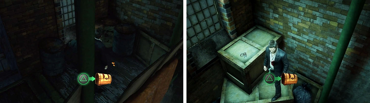 Get the treasures on the wooden platform below where you enter (left) and on top of the pile of boxes on the ground floor (right).