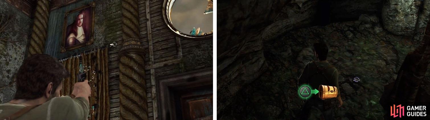 Shoot the treasure down from the curtain (left) and get the treasure after falling down the hidden passage (right).