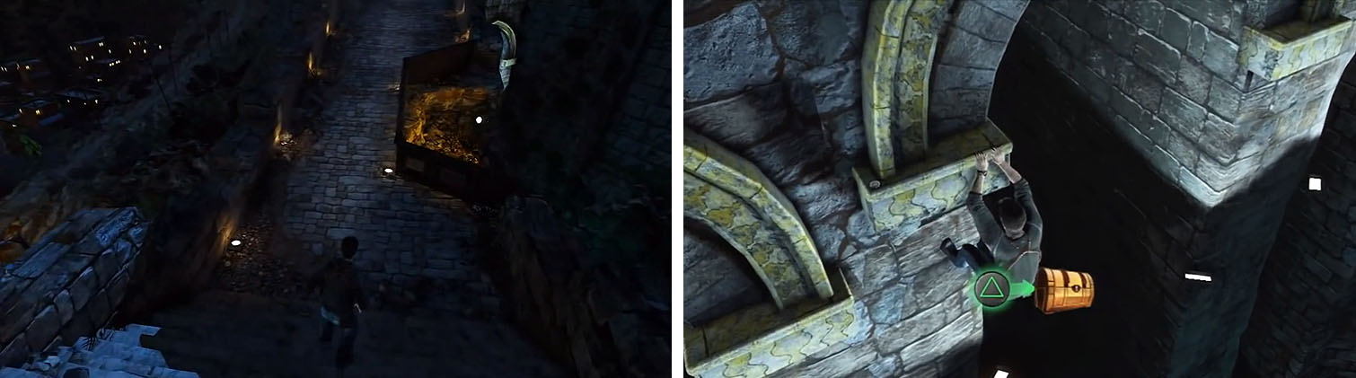 On the damaged bridge (left) hop off the right side for a treasure (right).