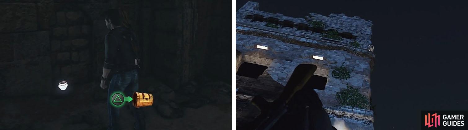 Get the treasure in the well (left) and then climb up and exit the building and look up (right).
