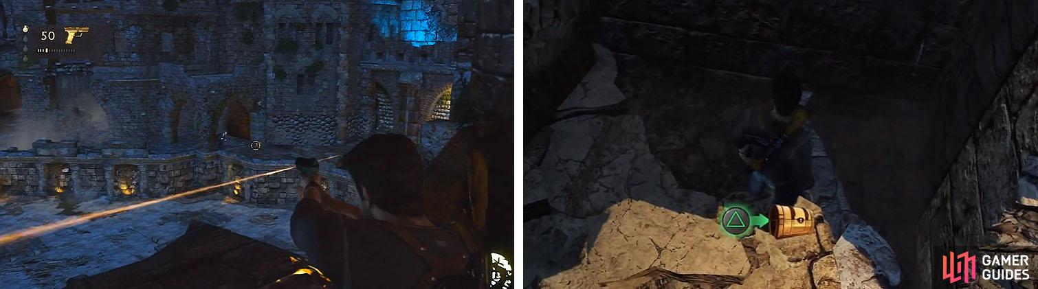 Take out Talbot's men (left) and then get the treasure inside the broken wall (right).