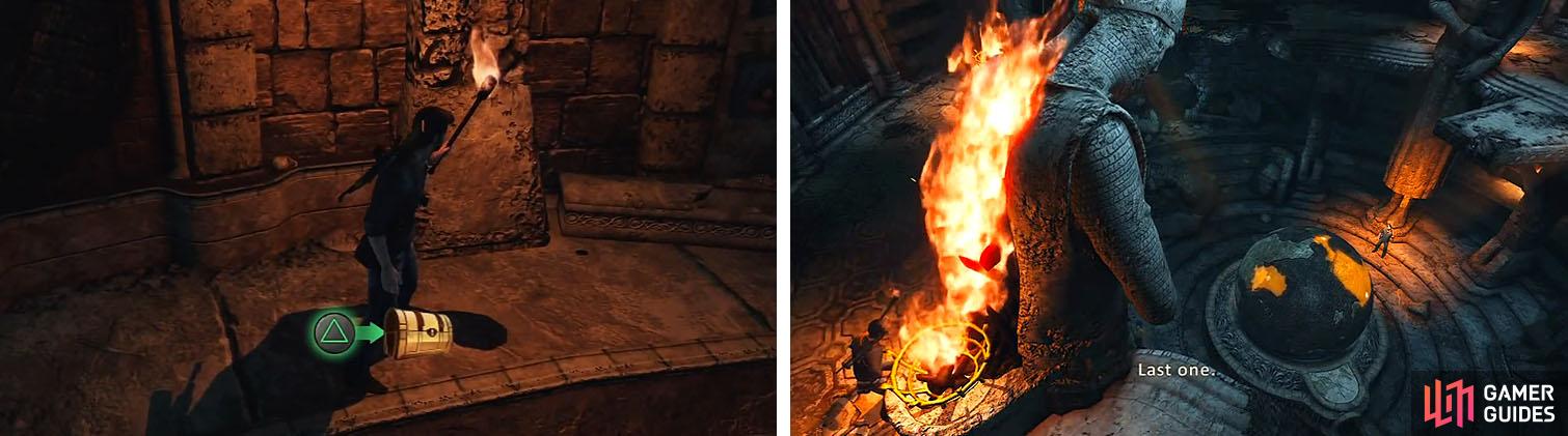 Get the treasure on the bottom floor of the globe room (left) and then light the braziers on the second floor (right).