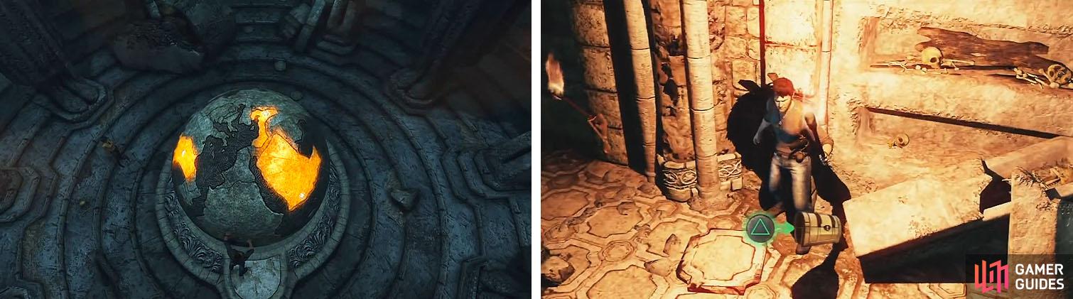 Align the continents up with the light (left) and get the treasure just outside the tomb (right).