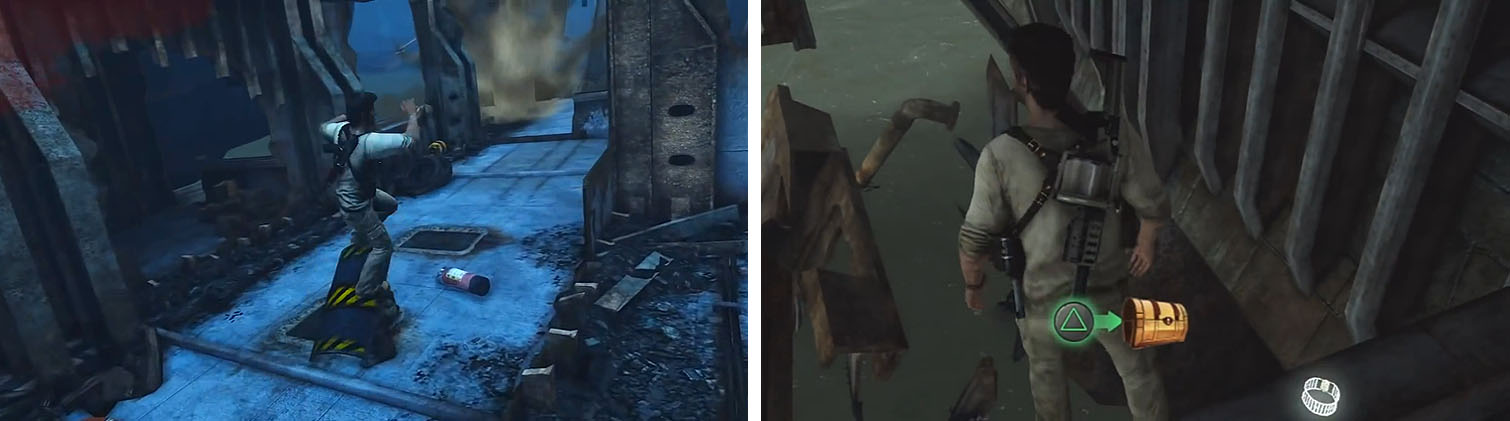 Run over the riot shield to quickly kil him (left). When you pull up on the metal walkway turn right to spot the treasure (right).