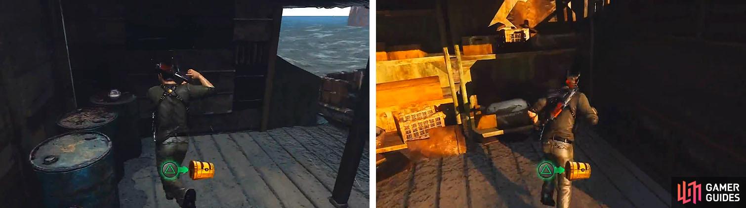 Get both treasures on the main barge: the one on the south side (left) and the one on the north side (right).