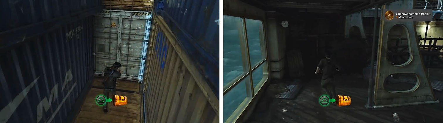 Grab the treasure on the shipping crates (left) and to the left of the pool (right).