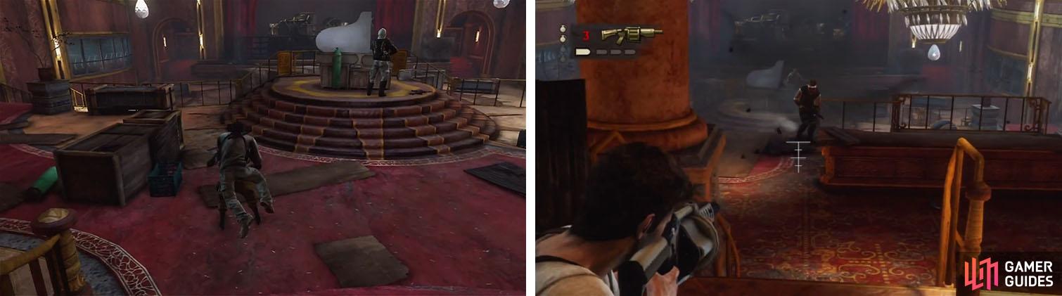 Defeat the man before he reaches the piano (left) and then head back to the entrance (right).