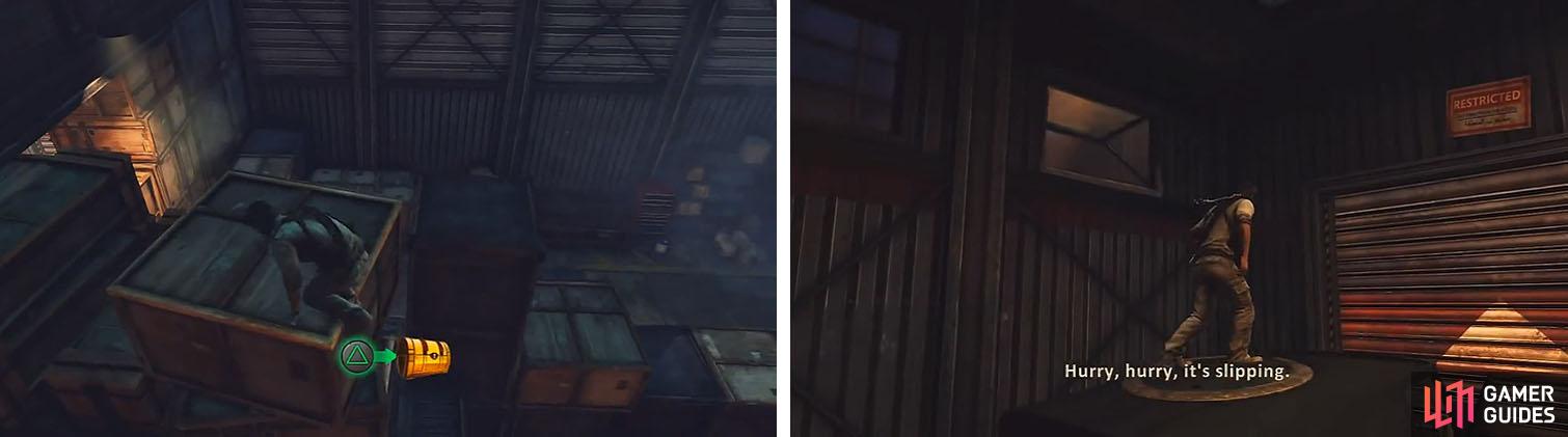 Get the treasure in the hanger (left) and then use the car to exit the window (right).