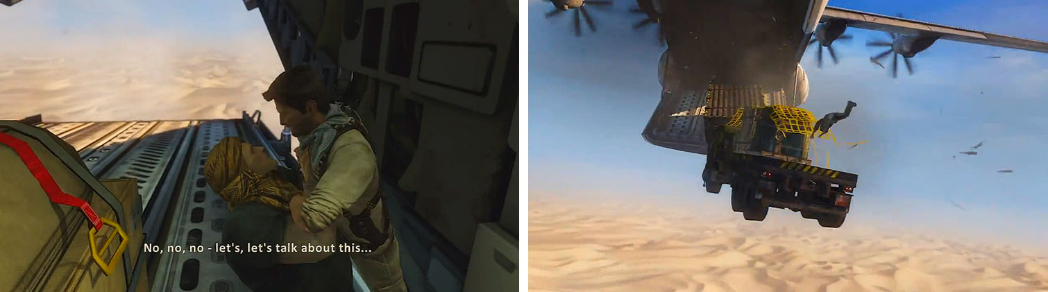 Beat up the Brute (left) only to find yourself dangling out the ass end of a plane (right).