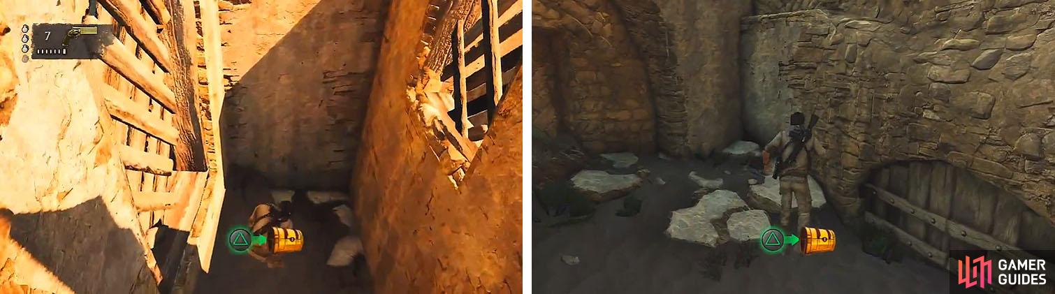 Theres a tresaure in the alcove (left) and another below the balcony (right).