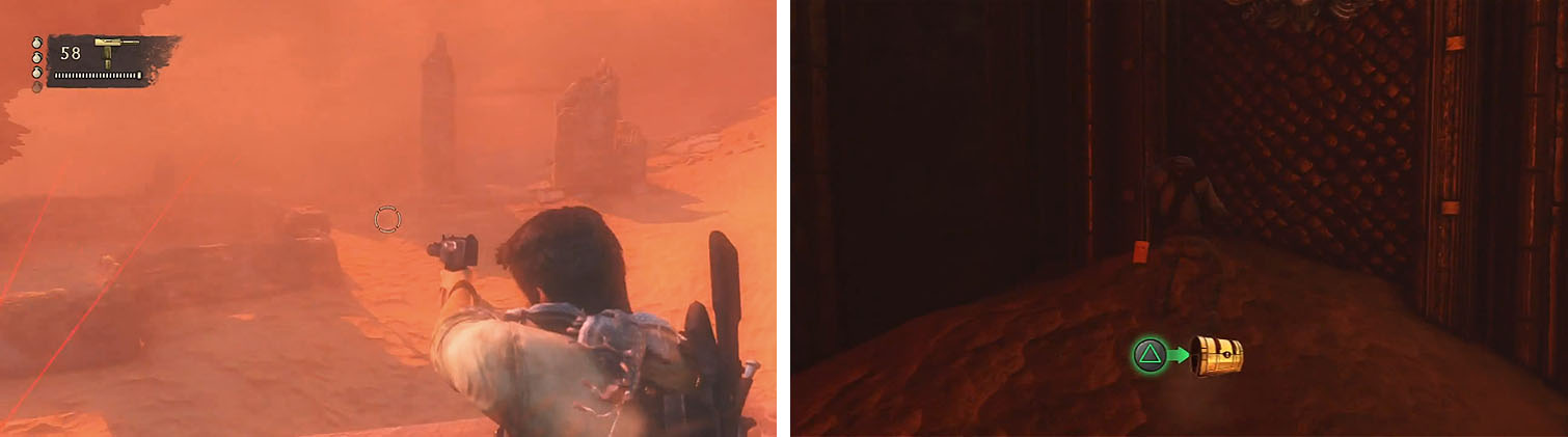 Avoid the snipers (left) and after entering the building turn left for a treasure (right).